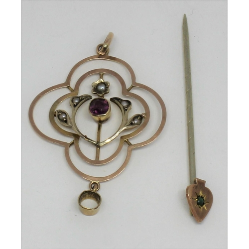 361 - 2 COLOUR GOLD PENDANT SET PEARLS AND PRECIOUS STONES - MARKED 9ct (1.7g) AND HAT PIN SET SINGLE GREE... 