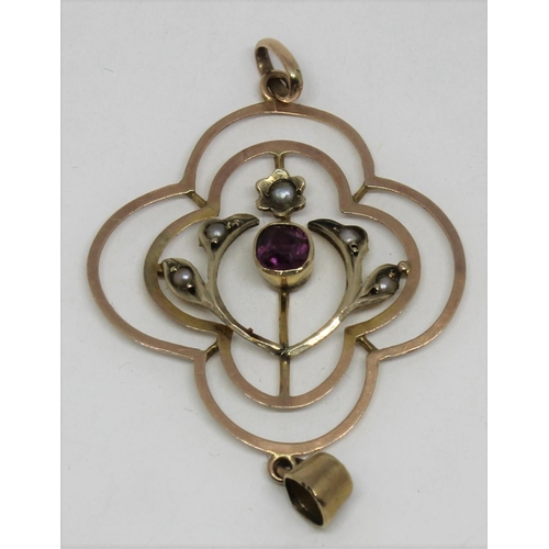 361 - 2 COLOUR GOLD PENDANT SET PEARLS AND PRECIOUS STONES - MARKED 9ct (1.7g) AND HAT PIN SET SINGLE GREE... 