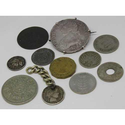 372 - QUANTITY OF COINS INCLUDING 1791 KING LOUIS XVI COIN MADE BROOCH