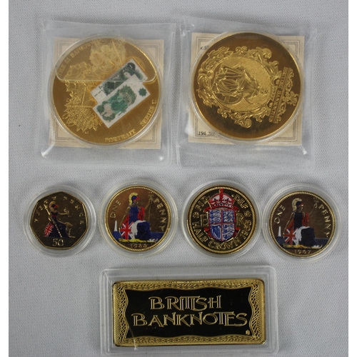 374 - 7 COMMEMORATIVE COINS: 3 BRITISH BANKNOTES COINS - WINSTON CHURCHILL &pound;5 COIN, THE &pound;5 BAN... 