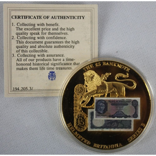 374 - 7 COMMEMORATIVE COINS: 3 BRITISH BANKNOTES COINS - WINSTON CHURCHILL &pound;5 COIN, THE &pound;5 BAN... 