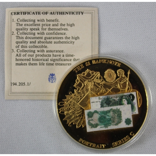 374 - 7 COMMEMORATIVE COINS: 3 BRITISH BANKNOTES COINS - WINSTON CHURCHILL &pound;5 COIN, THE &pound;5 BAN... 