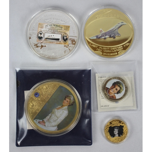 379 - 5 COMEMMORATIVE COINS: 100th ANNIVERSARY OF THE TITANIC WHITE STAR LINE, CONCORD 'LAST FLIGHT DERNIE... 