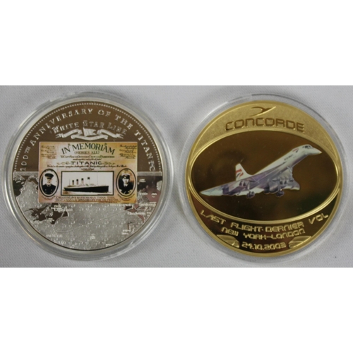 379 - 5 COMEMMORATIVE COINS: 100th ANNIVERSARY OF THE TITANIC WHITE STAR LINE, CONCORD 'LAST FLIGHT DERNIE... 