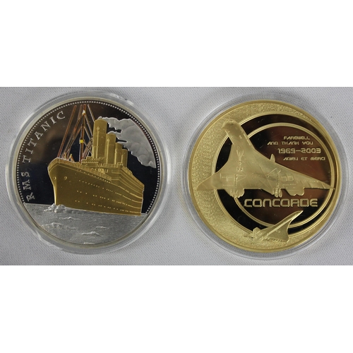 379 - 5 COMEMMORATIVE COINS: 100th ANNIVERSARY OF THE TITANIC WHITE STAR LINE, CONCORD 'LAST FLIGHT DERNIE... 