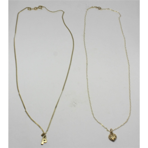 380 - GOLD COLOURED 'P' PENDANT (NO HALLMARK) ON 9ct CHAIN (1.9g) AND 9ct GOLD HEART PENDANT ON CHAIN MARK... 