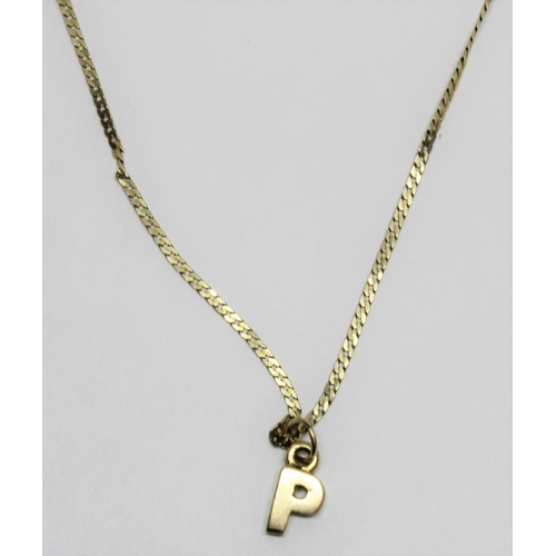 380 - GOLD COLOURED 'P' PENDANT (NO HALLMARK) ON 9ct CHAIN (1.9g) AND 9ct GOLD HEART PENDANT ON CHAIN MARK... 
