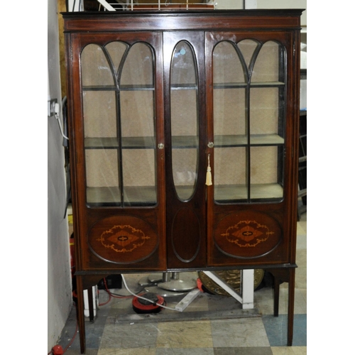 80A - INLAID GLASS CABINET ON RAISED SUPPORT - WOODWORM IN BACK PANEL (DOES NOT LOOK ACTIVE/LIVE)