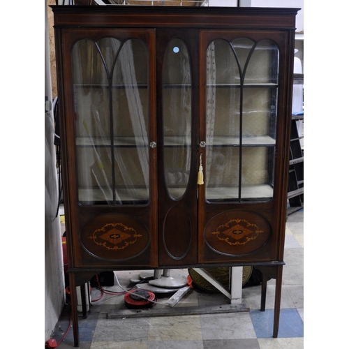 80A - INLAID GLASS CABINET ON RAISED SUPPORT - WOODWORM IN BACK PANEL (DOES NOT LOOK ACTIVE/LIVE)