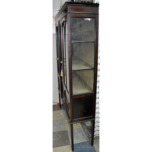 80A - INLAID GLASS CABINET ON RAISED SUPPORT - WOODWORM IN BACK PANEL (DOES NOT LOOK ACTIVE/LIVE)