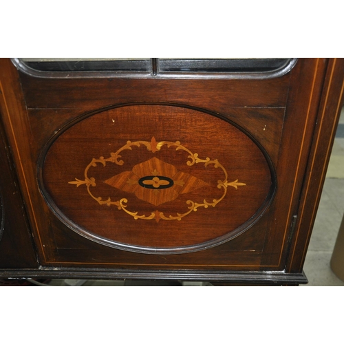 80A - INLAID GLASS CABINET ON RAISED SUPPORT - WOODWORM IN BACK PANEL (DOES NOT LOOK ACTIVE/LIVE)