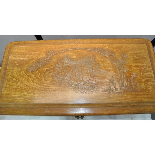 168 - CARVED ORIENTAL CAMPHOR WOOD CHEST WITH BRASS DETAIL