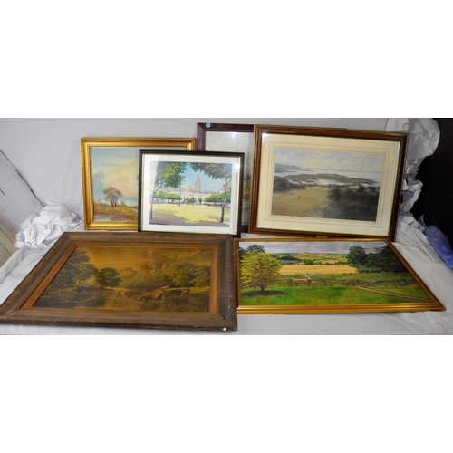 3 - OIL ON BOARD STAG, FRAMED PRINT OF CATTLE (FRAME WORM AFFECTED) & OIL ON CANVAS (DAMAGED BY WATE... 