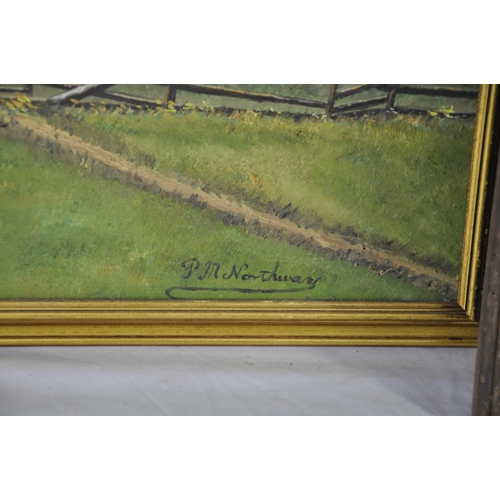 3 - OIL ON BOARD STAG, FRAMED PRINT OF CATTLE (FRAME WORM AFFECTED) & OIL ON CANVAS (DAMAGED BY WATE... 