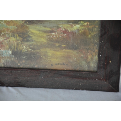 3 - OIL ON BOARD STAG, FRAMED PRINT OF CATTLE (FRAME WORM AFFECTED) & OIL ON CANVAS (DAMAGED BY WATE... 