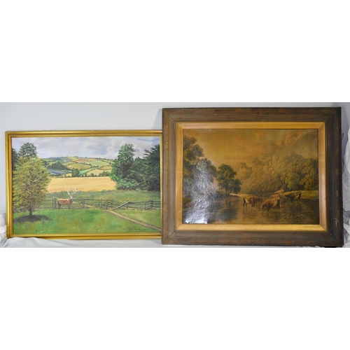 3 - OIL ON BOARD STAG, FRAMED PRINT OF CATTLE (FRAME WORM AFFECTED) & OIL ON CANVAS (DAMAGED BY WATE... 