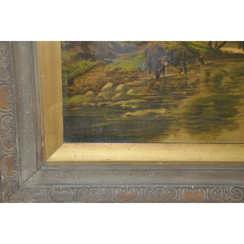 3 - OIL ON BOARD STAG, FRAMED PRINT OF CATTLE (FRAME WORM AFFECTED) & OIL ON CANVAS (DAMAGED BY WATE... 