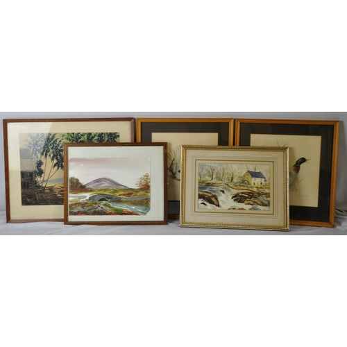 5 - 3 FRAMED WATERCOLOURS AND 2 FRAMED PEN AND INK DRAWINGS