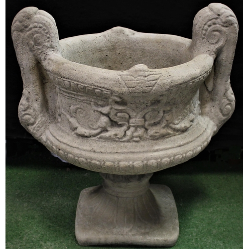 13 - LARGE DECORATIVE 2 HANDLED STONEWORK URN (IN 2 PIECES) (H52, W48cm) - OPTION OF LOT 14