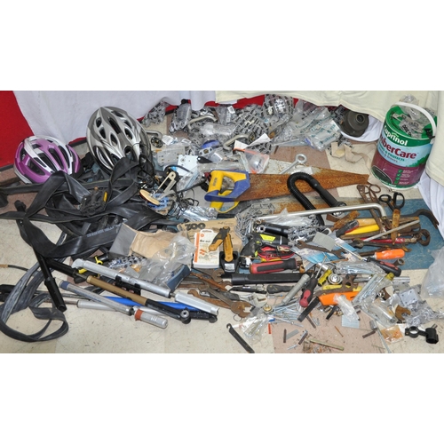 16 - BLACK BIN OF TOOLS, DOOR HANDLES, BICYCLE PUMPS, HELMETS, ETC