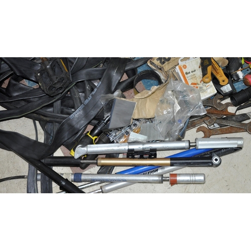 16 - BLACK BIN OF TOOLS, DOOR HANDLES, BICYCLE PUMPS, HELMETS, ETC