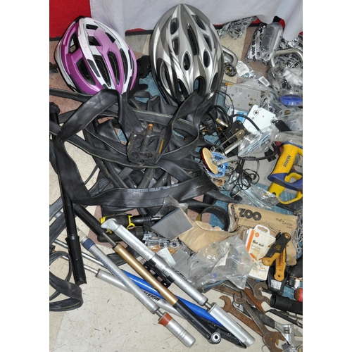 16 - BLACK BIN OF TOOLS, DOOR HANDLES, BICYCLE PUMPS, HELMETS, ETC