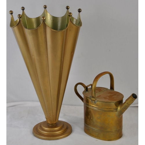 38 - 2 COPPER BED WARMERS, BRASS WATERING CAN AND UMBRELLA STAND