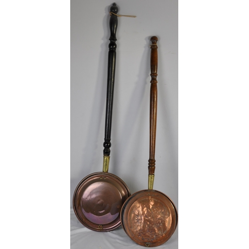 38 - 2 COPPER BED WARMERS, BRASS WATERING CAN AND UMBRELLA STAND