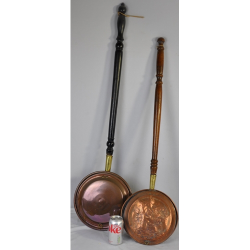 38 - 2 COPPER BED WARMERS, BRASS WATERING CAN AND UMBRELLA STAND