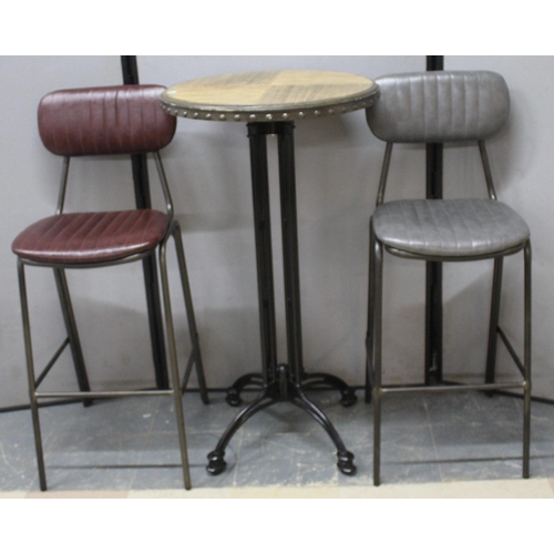 55 - TALL METAL BASE TABLE WITH CIRCULAR TOP AND 2 UPHOLSTERED SEAT AND BACK BAR CHAIRS