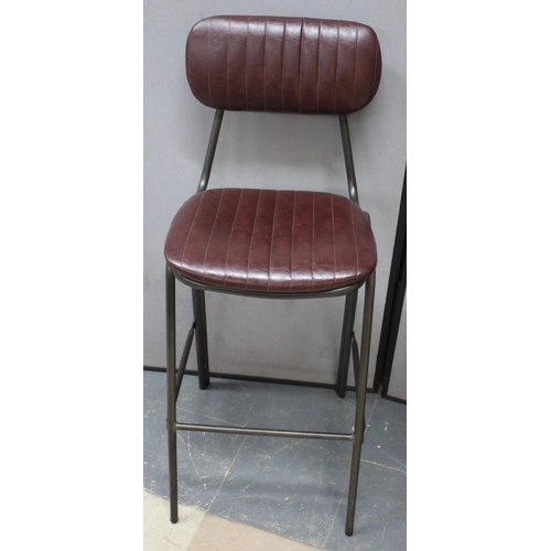 55 - TALL METAL BASE TABLE WITH CIRCULAR TOP AND 2 UPHOLSTERED SEAT AND BACK BAR CHAIRS