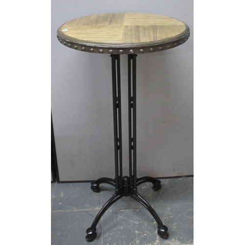 55 - TALL METAL BASE TABLE WITH CIRCULAR TOP AND 2 UPHOLSTERED SEAT AND BACK BAR CHAIRS