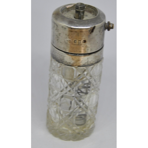 366 - SILVER TOPPED CUT GLASS PERFUME BOTTLE - TOP MISSING, SILVER PLATED FORK, SPOONS, JUG AND A PHOTO FR... 