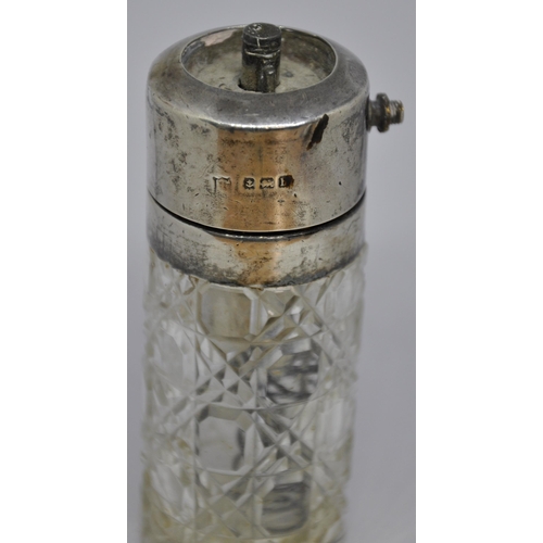 366 - SILVER TOPPED CUT GLASS PERFUME BOTTLE - TOP MISSING, SILVER PLATED FORK, SPOONS, JUG AND A PHOTO FR... 