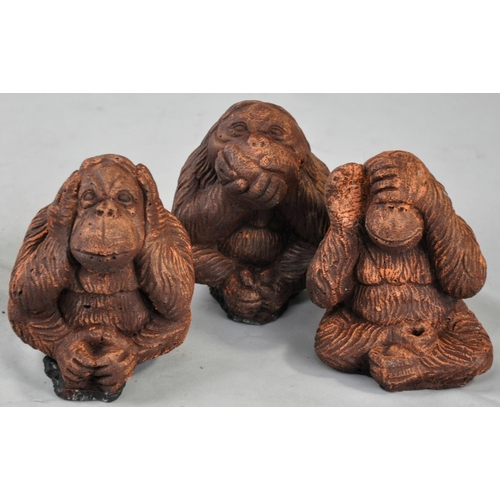 86 - 6 GARDEN ORNAMENTS - HEAR, SEE, SPEAK NO EVIL MONKEYS, MINNIE MOUSE, FISH, AND DWARF