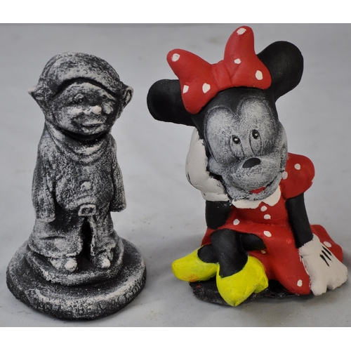 86 - 6 GARDEN ORNAMENTS - HEAR, SEE, SPEAK NO EVIL MONKEYS, MINNIE MOUSE, FISH, AND DWARF