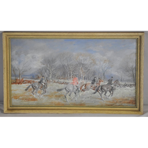 92 - FRAMED PAINTING OF HUNTSMEN BY ERNEST ALDNORTH (FRAME SIZE 40.5 x 24cm)