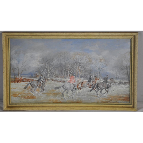 92 - FRAMED PAINTING OF HUNTSMEN BY ERNEST ALDNORTH (FRAME SIZE 40.5 x 24cm)