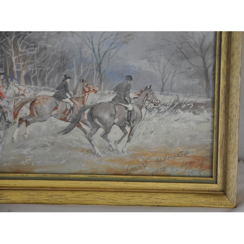 92 - FRAMED PAINTING OF HUNTSMEN BY ERNEST ALDNORTH (FRAME SIZE 40.5 x 24cm)