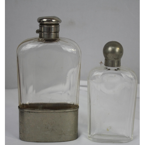 95 - GLASS FLASK WITH CUPS IN LEATHER CASE AND VARIOUS FLASKS