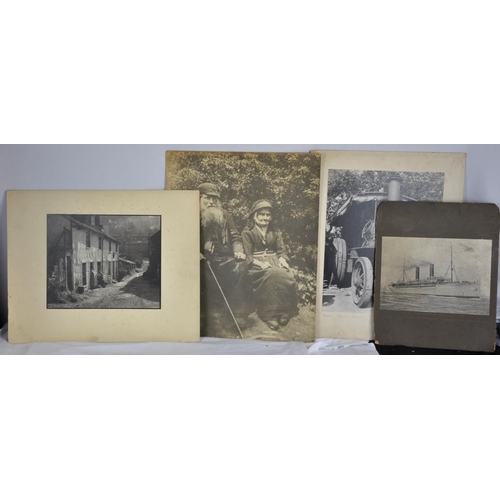 102 - 4 VICTORIAN PHOTOGRAPHS: AN OLD COUPLE, STEAM ENGINE, ROW OF HOUSES & SAILING SHIP.  PRINT ... 