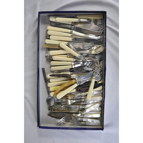 110 - WOODEN CUTLERY BOX, VARIOUS CUTLERY SETS (INCOMPLETE) INCLUDING SET WITH MOTHER OF PEARL HANDLES