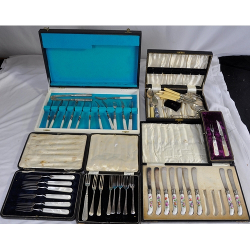 110 - WOODEN CUTLERY BOX, VARIOUS CUTLERY SETS (INCOMPLETE) INCLUDING SET WITH MOTHER OF PEARL HANDLES