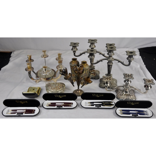 119 - VARIOUS PLATED ITEMS, PAIR BRASS VASES, 4 OSPREYS PEN & PROPELLING SETS & ESTYMA TRAVEL CLOC... 