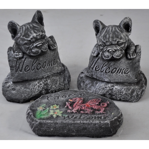 123 - 3 GARDEN ORNAMENTS - PAIR OF FRENCHIE 