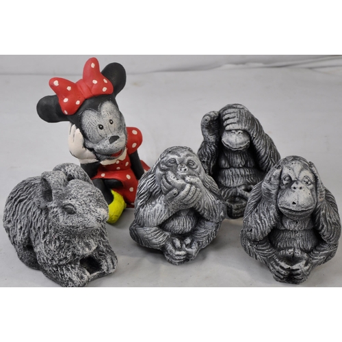 126 - 5 GARDEN ORNAMENTS - HEAR, SEE SPEAK NO EVIL MONKEYS, PAINTED MINNIE MOUSE AND A BUNNY