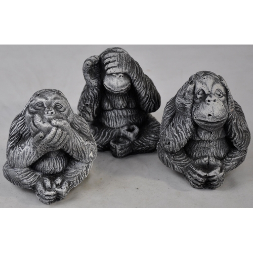 126 - 5 GARDEN ORNAMENTS - HEAR, SEE SPEAK NO EVIL MONKEYS, PAINTED MINNIE MOUSE AND A BUNNY