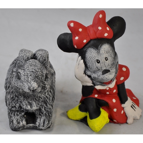 126 - 5 GARDEN ORNAMENTS - HEAR, SEE SPEAK NO EVIL MONKEYS, PAINTED MINNIE MOUSE AND A BUNNY