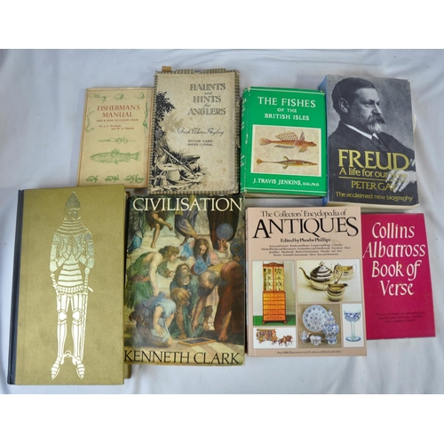 130 - BOX OF BOOKS: ANTIQUES, AIRCRAFT, TREASURES OF BRITAIN ETC