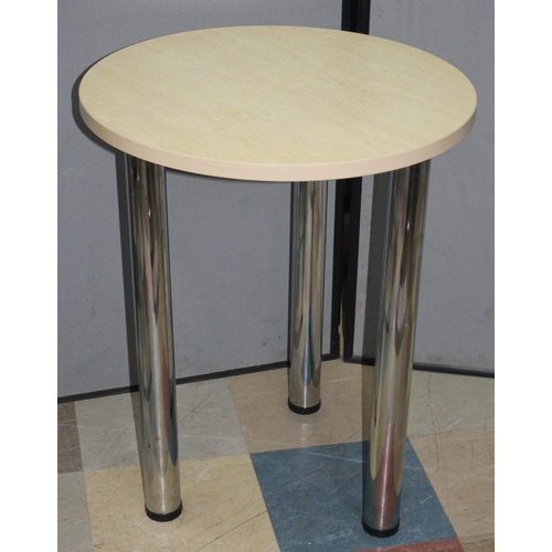 133 - CHROME BASED, WOODGRAIN TOP TABLE AND 3 CHAIRS